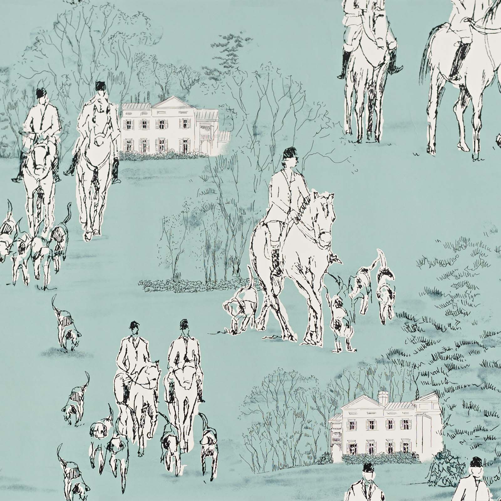 Horse hunt Wallpaper equestrian hounds toile blue - PRE ORDER :  January 16th